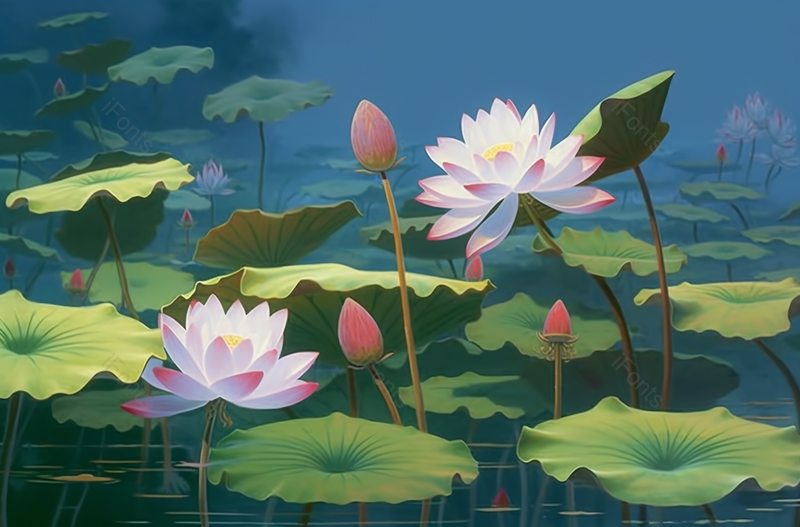 僻静绿色池塘盛开的荷叶荷花插画,插画/手绘图,插画/手绘图库,插画/手绘图下载,插画/手绘